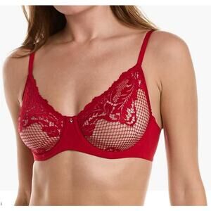 Le Mystere Sheer Lace Allure Demi Bra Size 32DDD Cherry Red Underwire